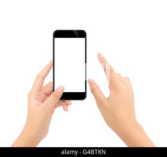 close up hand touching on phone isolated white clipping path inside clean and easy adjustment Stock Photo