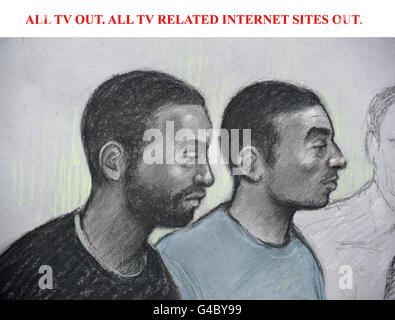 ALL TV OUT. ALL TV RELATED INTERNET SITES OUT. Artist impression by courts artist Elizabeth Cook of Kevin Liverpool, 33, (left) and Junior Bradshaw, 30, at Exeter Magistrates' Court where they were remanded in custody and charged with conspiracy to commit grievous bodily harm and conspiracy to commit robbery. Stock Photo