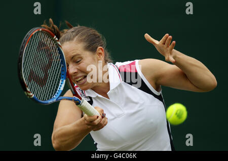 Great Britain's Katie O'Brien in action against Japan's Kimiko Date-Krumm during the 2011 Wimbledon Championships at the all England Lawn Tennis and Croquet Club, Wimbledon. Stock Photo