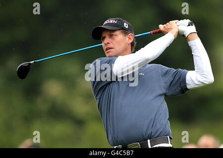 Denmark's Anders Hansen tees off at the 14th during day four of the Saab Wales Open 2011 at the Celtic Manor Resort, Newport. Stock Photo