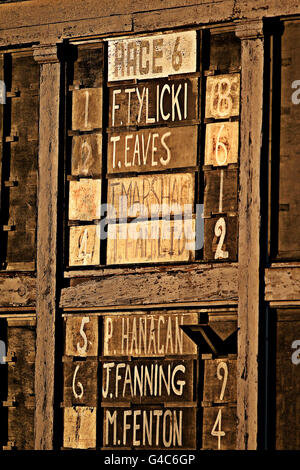 Horse Racing - Singles Night - Pontefract Racecourse. Jockey names are displayed on a board Stock Photo