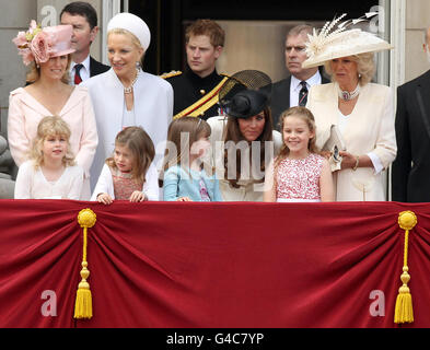 (From left to right) The Countess of Wessex, Princess Michael of Kent, Prince Harry, the Duchess of Cambridge, the Duke of York and the Duchess of Cornwall on the balcony of Buckingham Palace, London, after attending Trooping the Colour, the Queen's annual birthday parade. Stock Photo