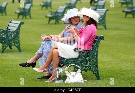 Horse Racing - The Royal Ascot Meeting 2011 - Day Two - Ascot Racecourse. Racegoers relax with drink before the days racing, during Day Two of the 2011 Royal Ascot Meeting. Stock Photo