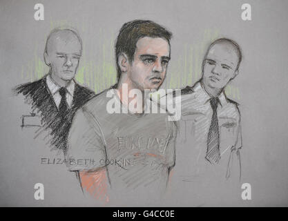 ALL TV OUT. ALL TV RELATED INTERNET SITES OUT. Artist impression by courts artist Elizabeth Cook of Ryan Cleary appearing at Westminster Magistrates Court in London where he was remanded in police custody. Stock Photo