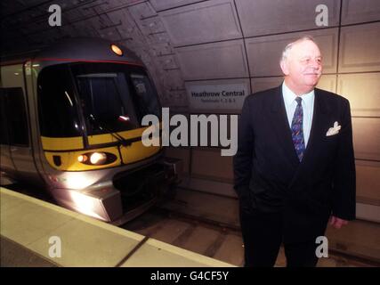 Rod Hoare, Chairman of Heathrow Express, stands on the platform of the new Heathrow Central station today (Thursday) as one of the new Heathrow Express trains pulls in. The high-speed train will run between the airport station and central London's Paddington station from June this year. With speeds of up to 100mph the journey will take just 15 minutes. Photo by Ben Curtis/PA Stock Photo