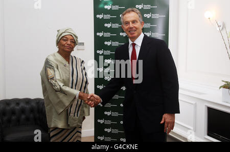 President Ellen Johnson Sirleaf of Liberia meets with Africa Governance Initiative (AGI) Founder, Tony Blair at AGI's London Headquarters to discuss the Initiative's ongoing work with the President to reduce long-term poverty in Liberia. Stock Photo