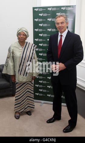 President Ellen Johnson Sirleaf of Liberia meets with Africa Governance Initiative (AGI) Founder, Tony Blair at AGI's London Headquarters to discuss the Initiative's ongoing work with the President to reduce long-term poverty in Liberia. Stock Photo