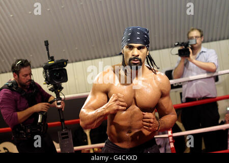 Boxer David Haye during the open training session at the Hayemaker Boxing Gym, London. Stock Photo