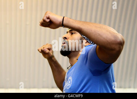 Boxer David Haye during the open training session at the Hayemaker Boxing Gym, London. Stock Photo