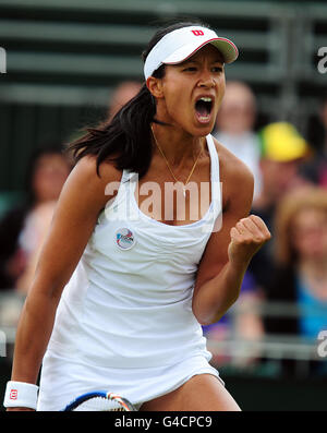 Great Britain's Anne Keothavong celebrates victory over Great Britain's Naomi Broady during Day one of the 2011 Wimbledon Championships at the All England Lawn Tennis and Croquet Club, Wimbledon. Stock Photo