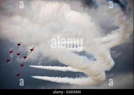Yeovilton airshow 2011. The Red Arrows perform at Royal Naval Air Station Yeovilton airshow 2011. Stock Photo
