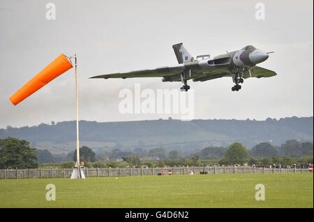 The last flying Avro Vulcan bomber - XH558 takes lands after a flying display at Royal Naval Air Station Yeovilton airshow 2011. Stock Photo