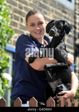 Rugby League - Sarah Bennison Feature - Bradford. Rugby league referee Sarah Bennison pictured with her dog Daisey near her home in Bradford. Stock Photo