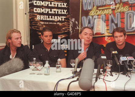 PA NEWS PHOTO 13/8/98 BOYZONE'S RONAN KEATING (LEFT), KEITH DUFFY (2ND LEFT) AND STEPHEN GATELY (RIGHT) WITH COMPOSER ANDREW LLOYD WEBBER (2ND RIGHT) IN LONDON TO CELEBRATE THEIR NO. 1 SINGLE, 'NO MATTER WHAT', FROM THE LLOYD WEBBER / JIM STEINMAN MUSICAL 'WHISTLE DOWN THE WIND, WHICH IS SET TO BE THE BIGGEST SELLING SINGLE OF THE YEAR. Stock Photo