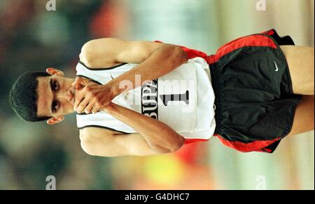 Morocco's Hicham El Guerrouj celebrates his win in the 2000m at Gateshead today (Sunday) although he failed to beat the world record. Photo by Owen Humphreys/PA Stock Photo