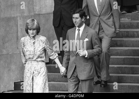 Lady Diana Spencer and Prince Charles leaving St. Paul's Cathedral after their wedding rehearsal. Stock Photo