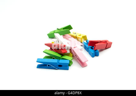 Colorful wooden clothespins isolated on white background Stock Photo