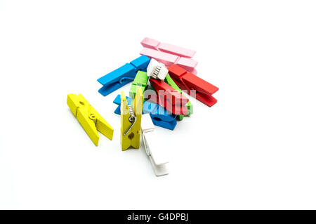 Colorful wooden clothespins isolated on white background Stock Photo