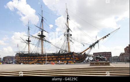 A general view of Admiral Lord Nelson's flagship, HMS Victory, at the Royal Navy Dockyard in Portsmouth, during her most extensive restoration project since she was repaired following the Battle of Trafalgar in 1805. Stock Photo