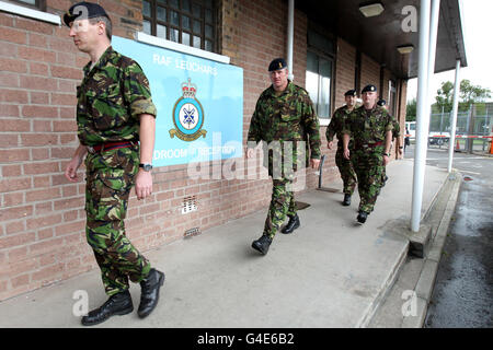 Royal Air Force personnel leave RAF Leuchars after being told the air base will become an army base, with its Typhoons leaving for RAF Lossiemouth in 2013, and the army taking residence at a later date. Stock Photo