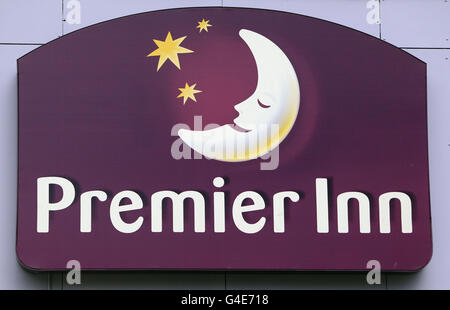 General view of a logo outside a Premier Inn, part of Whitbread PLC stable. Stock Photo