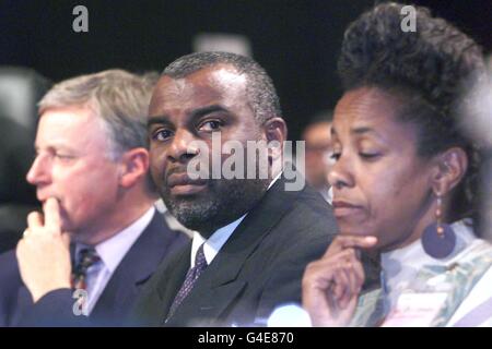 Neville Lawrence father of murdered teenager Stephen Lawrence today (Monday) spoke about his death at the TUC Congress in Blackpool. Sitting to his right is Cheryl Carolus, the South African High Commissioner. See PA story INDUSTRY TUC. Photo by Owen Humphreys/PA Stock Photo