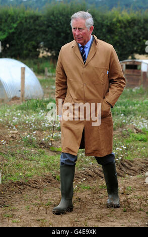 Prince Charles during a visit to Bunkers Hill organic pig farm, King's Lynn, Norfolk. Stock Photo