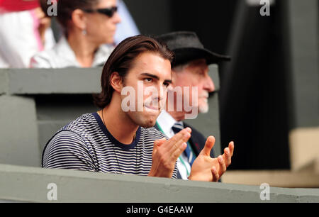 Maria Sharapova's fiance Sasha Vujacic watches her match against Germany's Sabine Lisicki on day ten of the 2011 Wimbledon Championships at the All England Lawn Tennis and Croquet Club, Wimbledon. Stock Photo