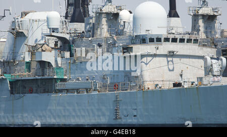 The former Royal Navy Type 42 destroyer HMS Exeter sits at anchor in Portsmouth Harbour awaiting disposal Stock Photo