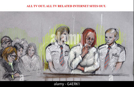 ALL TV OUT. ALL TV RELATED INTERNET SITES OUT. Artist impression by courts artist Elizabeth Cook of Rebecca Leighton (2nd right) appearing at Manchester Magistrates Court where she was accused of three counts of criminal damage with intent to endanger life and three counts of criminal damage being reckless as to whether life was being endangered. She also faced a charge of stealing medicine from Stepping Hill Hospital in Stockport, Greater Manchester. Stock Photo