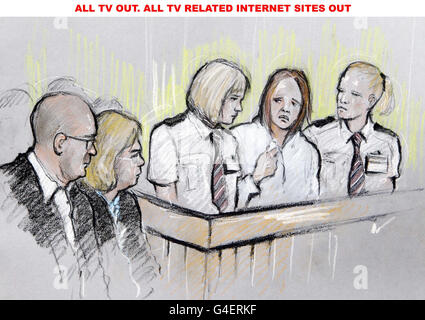 Artist impression by courts artist Elizabeth Cook of Rebecca Leighton (centre) appearing at Manchester Magistrates Court where she was accused of three counts of criminal damage with intent to endanger life and three counts of criminal damage being reckless as to whether life was being endangered. She also faced a charge of stealing medicine from Stepping Hill Hospital in Stockport, Greater Manchester. Stock Photo