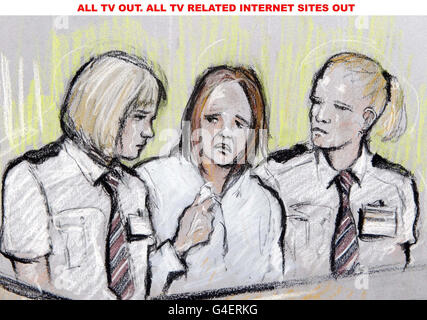 ALL TV OUT. ALL TV RELATED INTERNET SITES OUT. ALTERNATIVE CROP Artist impression by courts artist Elizabeth Cook of Rebecca Leighton (centre) appearing at Manchester Magistrates Court where she was accused of three counts of criminal damage with intent to endanger life and three counts of criminal damage being reckless as to whether life was being endangered. She also faced a charge of stealing medicine from Stepping Hill Hospital in Stockport, Greater Manchester. Stock Photo