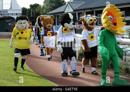 Burton Albion mascot Billy Brewer (left), West ham United mascot Bubbles, Port Vale mascot Boomer (centre), Hereford United mascot Edgar the Bulll and Help for Hospices mascot Sunny the Sunflower (right) make their way around the parade ring at Uttoxeter Racecourse Stock Photo