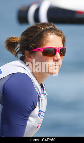 The British women's match racing team skipper Lucy MacGregor during the London Olympic Games 2012 Test event and International Regatta in Weymouth. Stock Photo