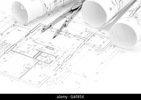 floor plan drawing with rolls of architectural blueprints Stock Photo ...