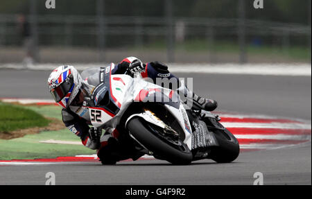 Great Britain's James Toseland on the BMW S 1000 RR during the practice day of the FIM World Superbike Championship at Silverstone, Northampton. Stock Photo