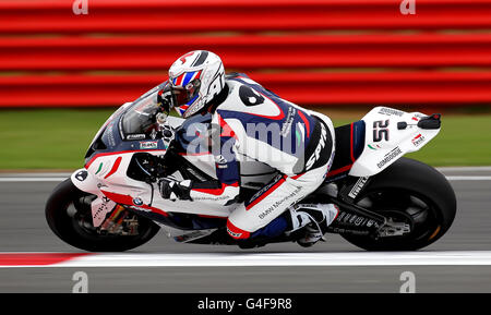 Great Britain's James Toseland on the BMW S 1000 RR during the practice day of the FIM World Superbike Championship at Silverstone, Northampton. Stock Photo
