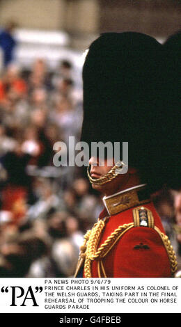 PA NEWS PHOTO 9/6/79 PRINCE CHARLES IN HIS UNIFORM AS COLONEL OF THE WELSH GUARDS, TAKING PART IN THE FINAL REHEARSAL OF TROOPING THE COLOUR ON HORSE GUARDS PARADE Stock Photo