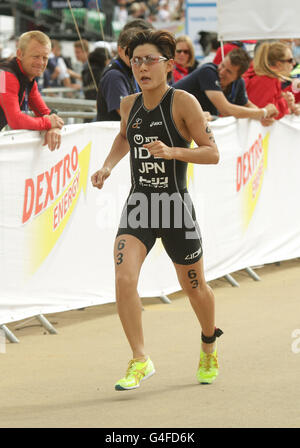 Japan's Juri Ide during the running stage of the Dextro Energy Triathlon ITU World Championship Series in Hyde Park, London. Stock Photo