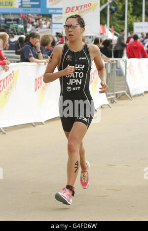 Japan's Yuka Sato during the running stage of the Dextro Energy Triathlon ITU World Championship Series in Hyde Park, London. Stock Photo