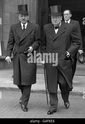 Prime Minister Clement Attlee, left, and Winston Churchill leaving Westminster Abbey in London after attending the Memorial service of Field-Marshal, Lord Gort Stock Photo
