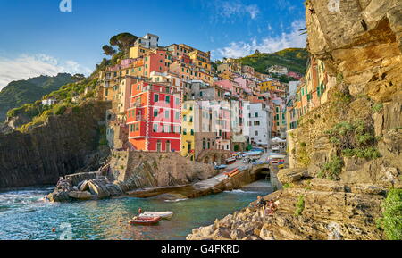 Colorful houses in Riomaggiore, Cinque Terre National Park, Liguria, Italy, UNESCO Stock Photo