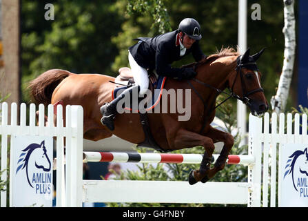 Great Britain's Guy Williams riding Titus II competes in the Templant Events Queen Elizabeth II Cup during the Longines Royal Hickstead International Horse Show at The All England Jumping Course, Hickstead. Stock Photo