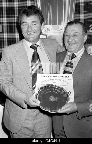 Brian Clough, left, manager of League champions and League Cup winners Nottingham Forest, with Bob Paisley, manager of European champions Liverpool, after receiving the Manager of the Year Award. He was given 2,500 and a silver salver. He will share the cash with right hand man Peter Taylor. Paisley, whose players became the first British side to retain the European Cup, received a special award of 500 and a salver. Stock Photo