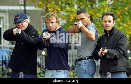 TV and Radio Presenter Chris Evans (left to right) with Guy Ritchie the Writer/ Director from Lock Stock and Two Smoking Barrels, Actor and Footballer Vinnie Jones and Lock Stock and Two Smoking Barrels Producer Matthew Vaughn at today's (Thursday) announcement that there will be a co-production deal to make the film into a TV series. Photo by Rosie Hallam/PA Stock Photo