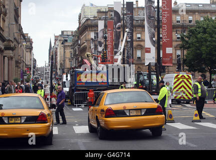 American vehicles in preparation for the filming of World War Z in George Square, Glasgow. Stock Photo