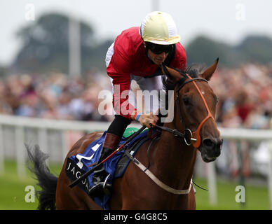 Best Terms ridden by Richard Hughes wins The Jaguar Cars Lowther stakes Stock Photo