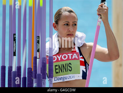 Great Britain's Jessica Ennis competes in the heptathlon javelin during Day Four of the IAAF World Athletics Championships at the Daegu Stadium in Daegu, South Korea. Stock Photo