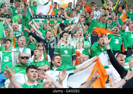 Republic of Ireland fans show support for their team in the stands during the UEFA Euro 2016, Group E match at the Stade de Bordeaux, Bordeaux. Stock Photo