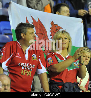 Two Crusaders fans after the engage Super League match at the DW Stadium, Wigan. Stock Photo